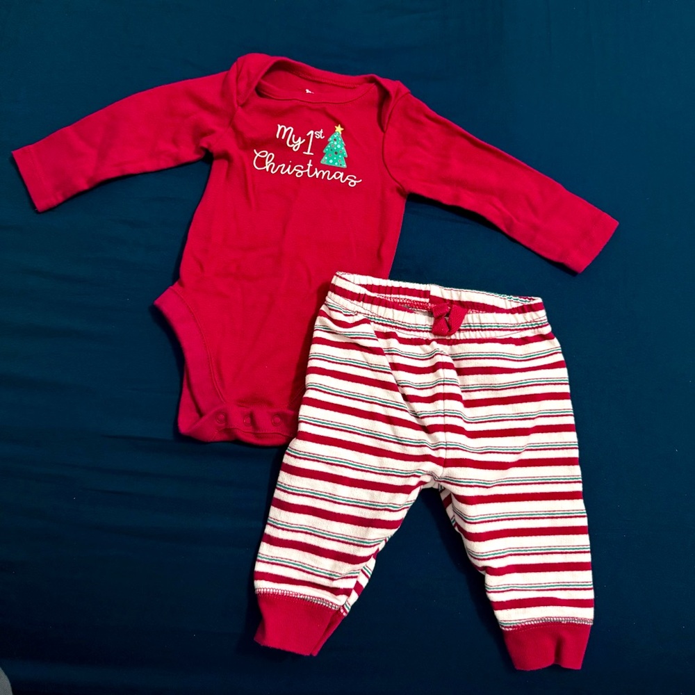 Red Christmas Baby Onesie and Striped Pants Set